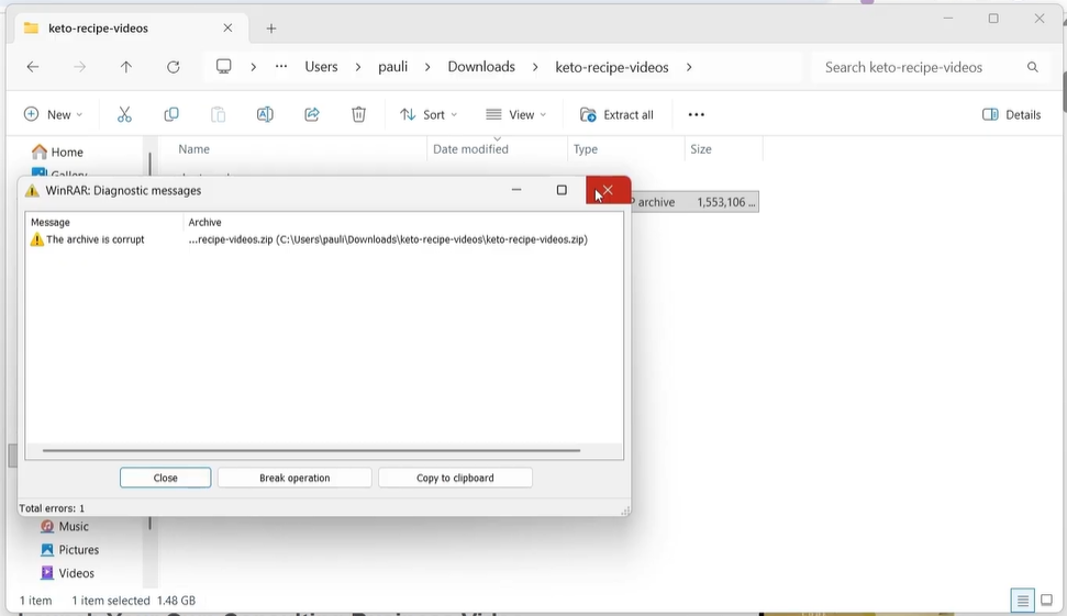 Example of a file extraction issue encountered while testing downloaded materials.